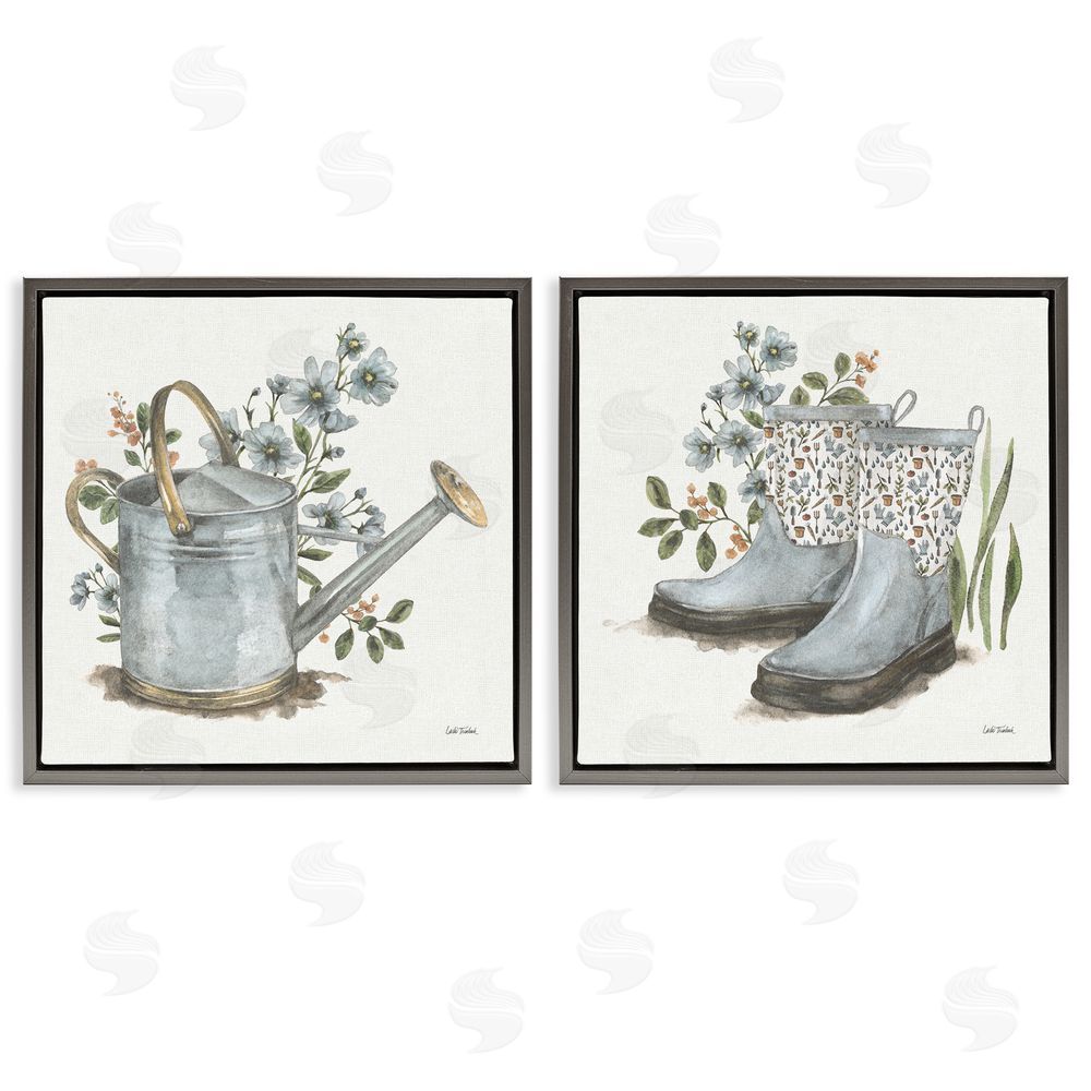 Leslie Trimbach Floral Watering Can Gardening Boots  Gray Floating Frame Canvas Wall Art Print