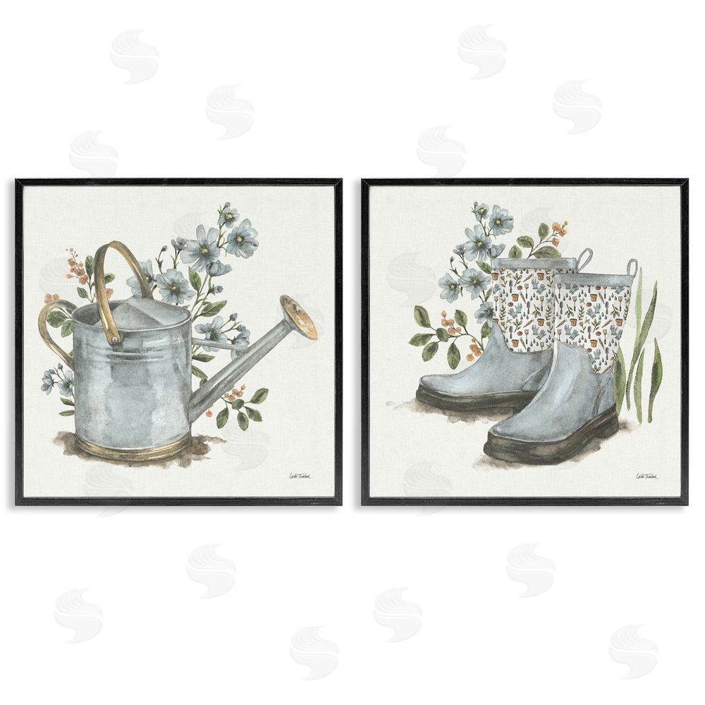Leslie Trimbach Floral Watering Can Gardening Boots  Black Framed Giclee Wall Art Print