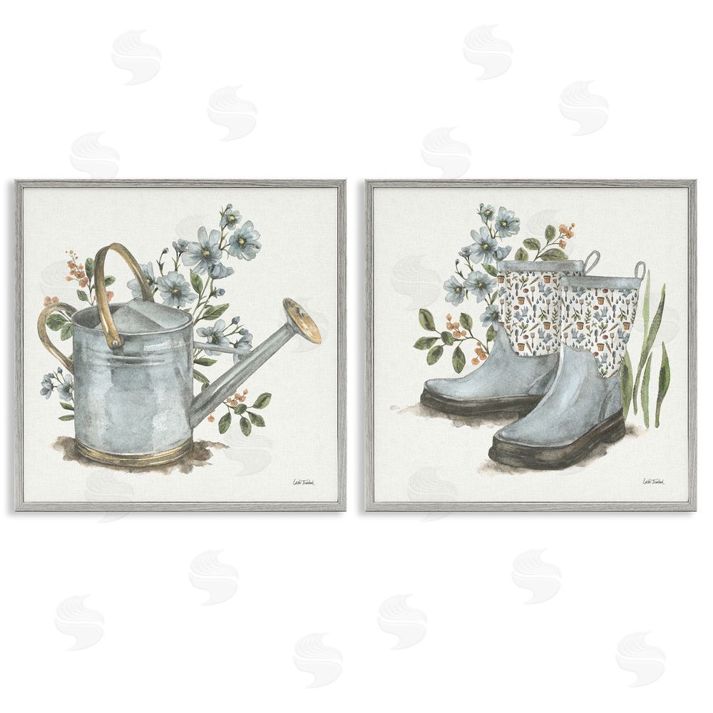 Leslie Trimbach Floral Watering Can Gardening Boots  Gray Framed Giclee Wall Art Print
