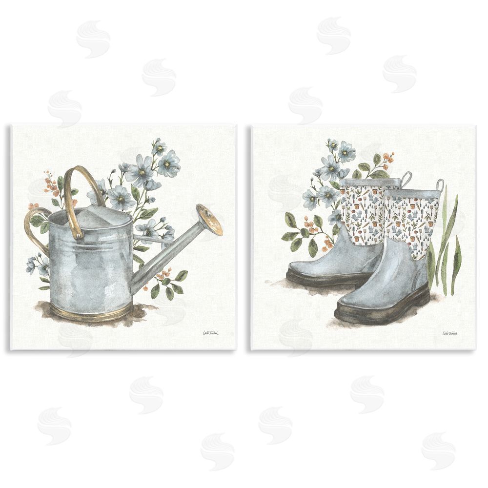 Leslie Trimbach Floral Watering Can Gardening Boots  Wooden Wall Plaque Art Print