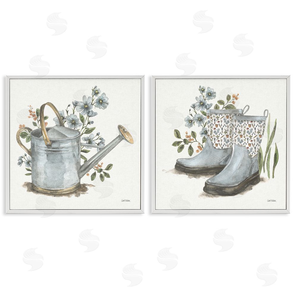 Leslie Trimbach Floral Watering Can Gardening Boots  White Framed Giclee Wall Art Print
