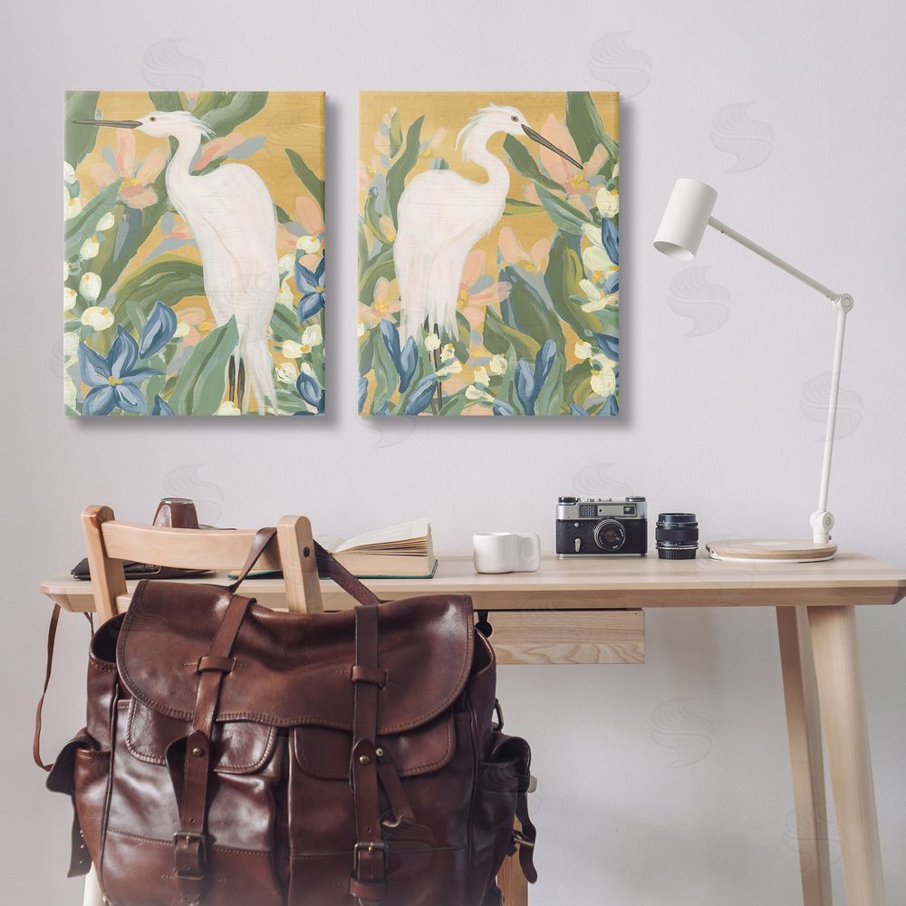 June Erica Vess Great Egret in Blooming Bushes Canvas Wall Art Print in Room