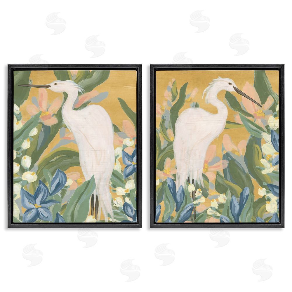 June Erica Vess Great Egret in Blooming Bushes Black Floating Frame Canvas Wall Art Print