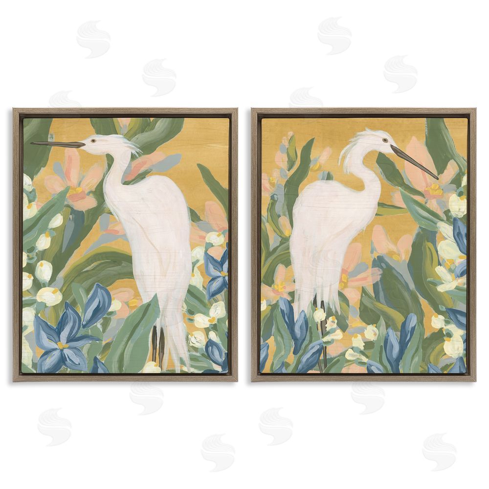 June Erica Vess Great Egret in Blooming Bushes Brown Floating Frame Canvas Wall Art Print