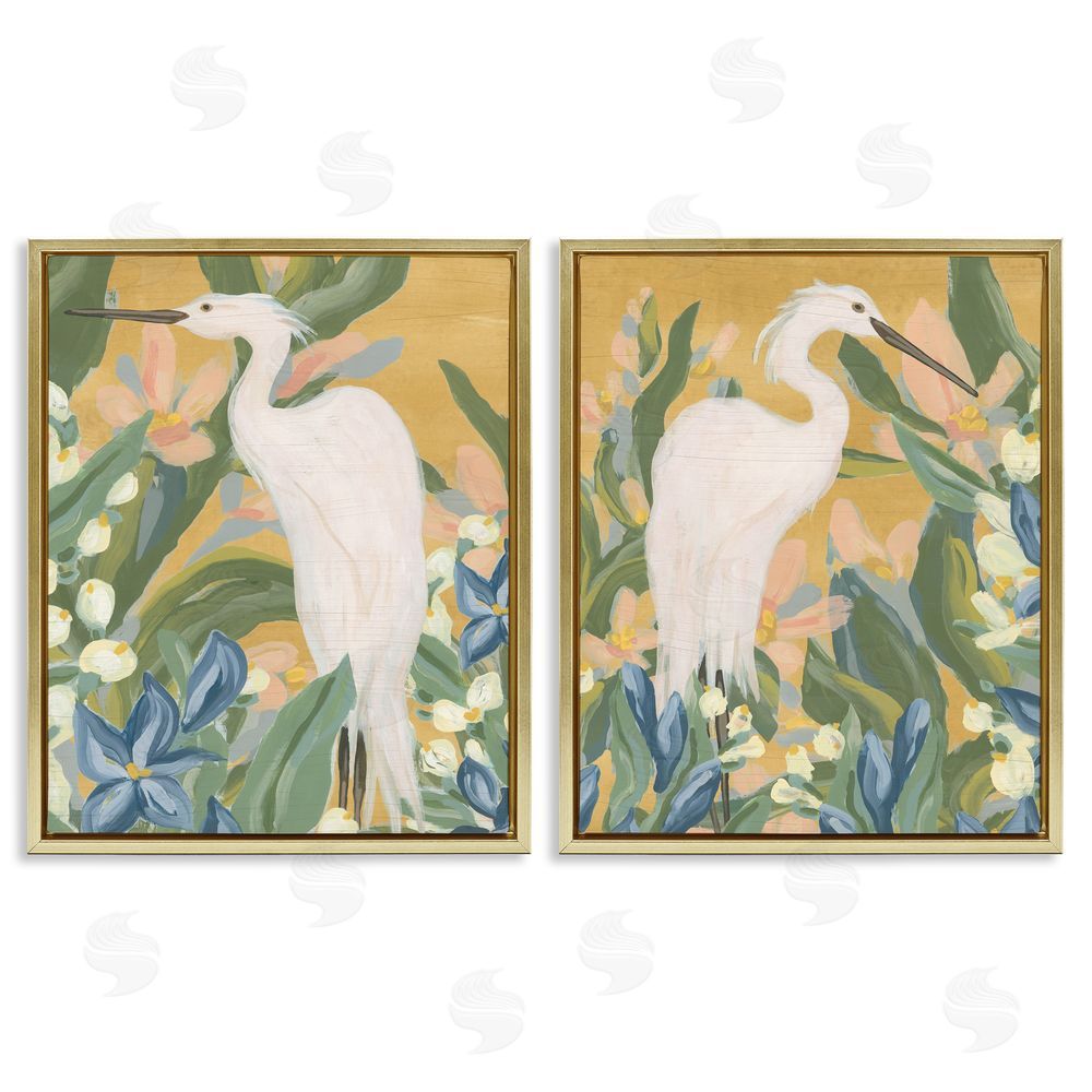 June Erica Vess Great Egret in Blooming Bushes Gold Floating Frame Canvas Wall Art Print