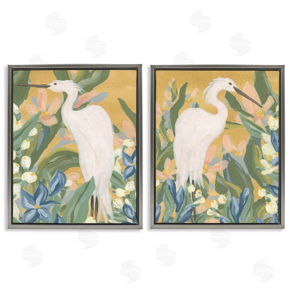 June Erica Vess Great Egret in Blooming Bushes Gray Floating Frame Canvas Wall Art Print