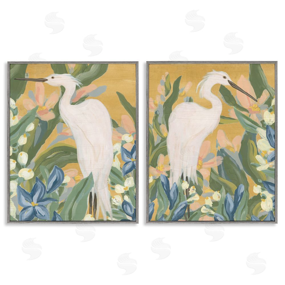 June Erica Vess Great Egret in Blooming Bushes Gray Framed Giclee Wall Art Print