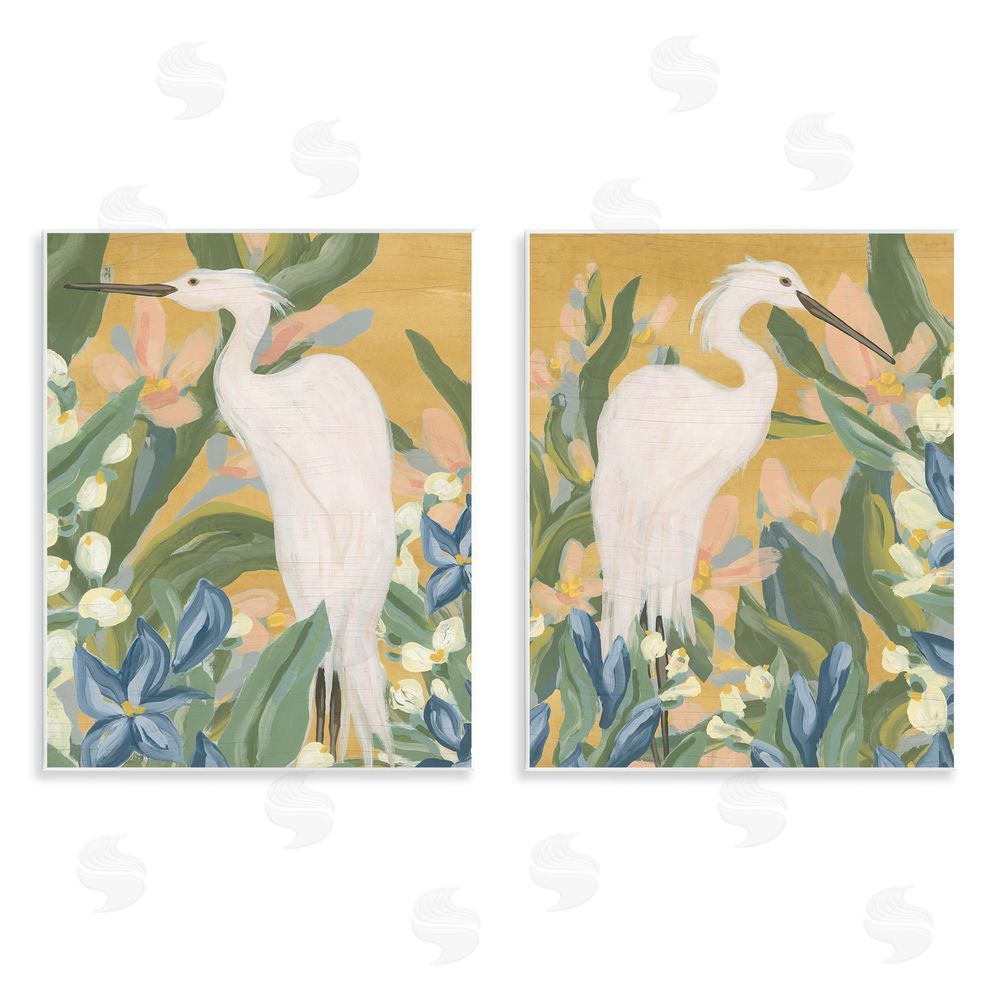 June Erica Vess Great Egret in Blooming Bushes Wooden Wall Plaque Art Print