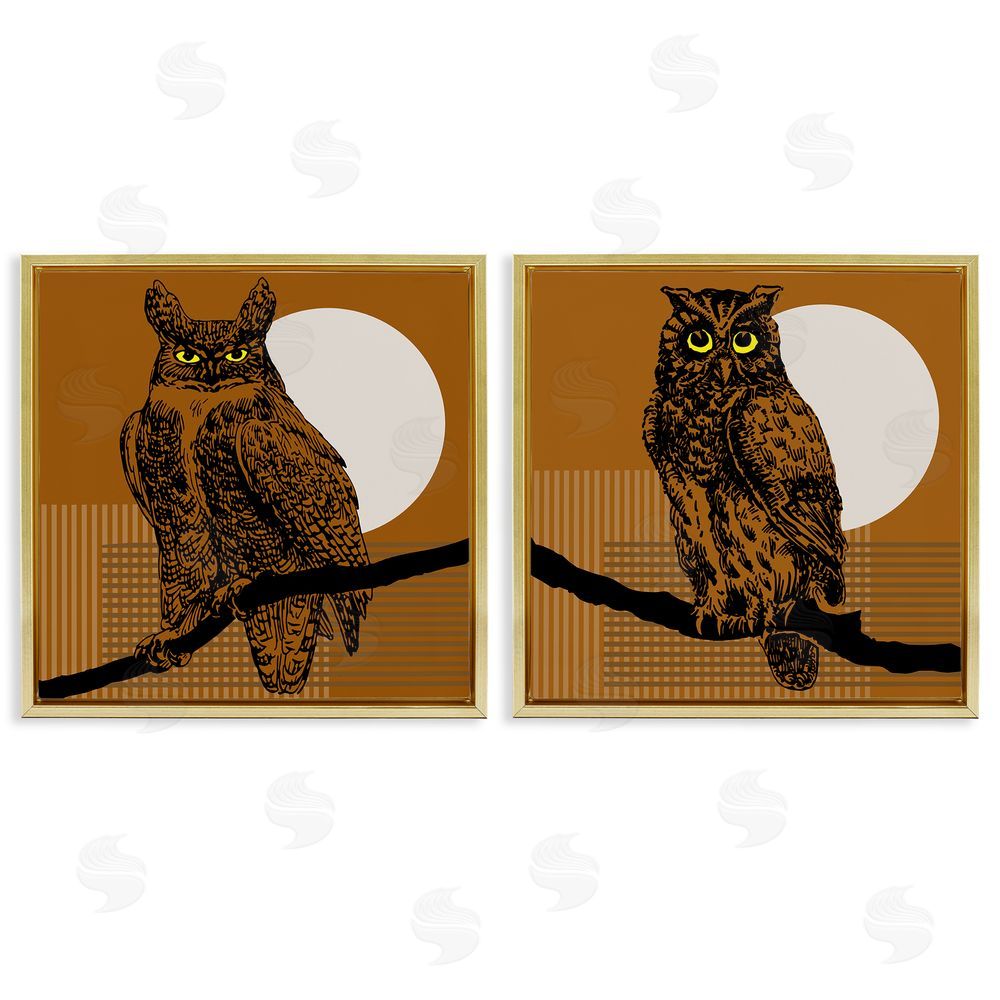 Regina Moore Full Moon Owls on Branch Gold Floating Frame Canvas Wall Art Print