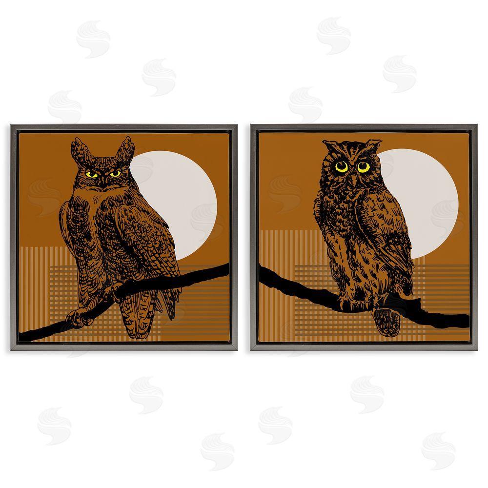 Regina Moore Full Moon Owls on Branch Gray Floating Frame Canvas Wall Art Print