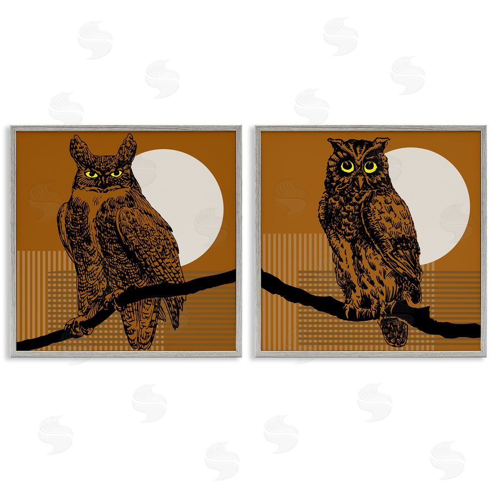 Regina Moore Full Moon Owls on Branch Gray Framed Giclee Wall Art Print