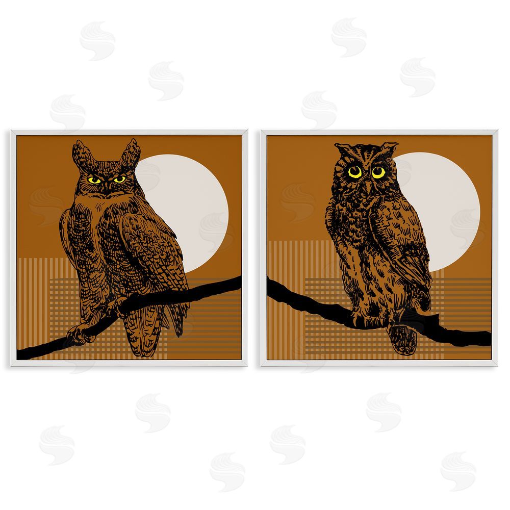 Regina Moore Full Moon Owls on Branch White Framed Giclee Wall Art Print