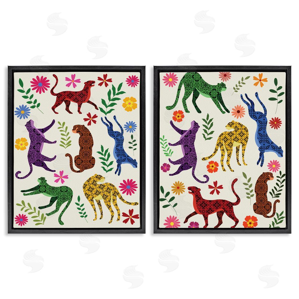 Regina Moore Patterned Floral Jungle Cats Black Floating Frame Canvas Wall Art Print