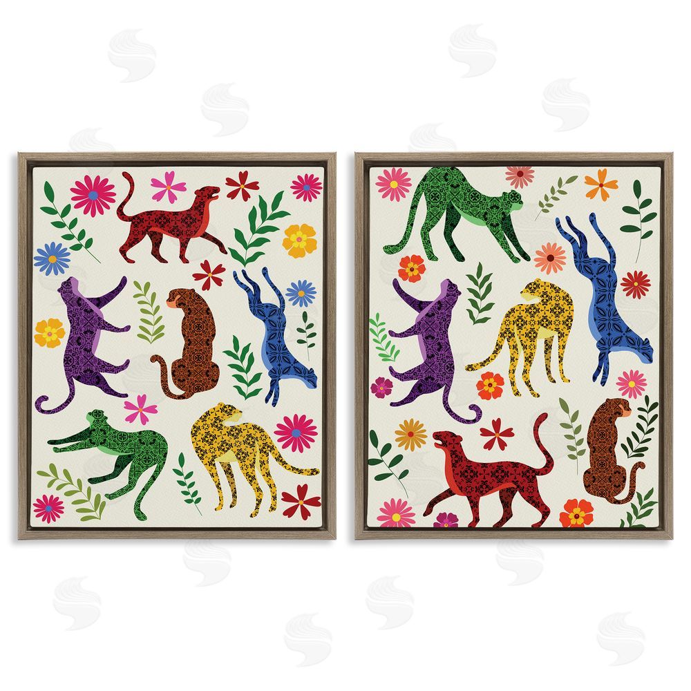 Regina Moore Patterned Floral Jungle Cats Brown Floating Frame Canvas Wall Art Print