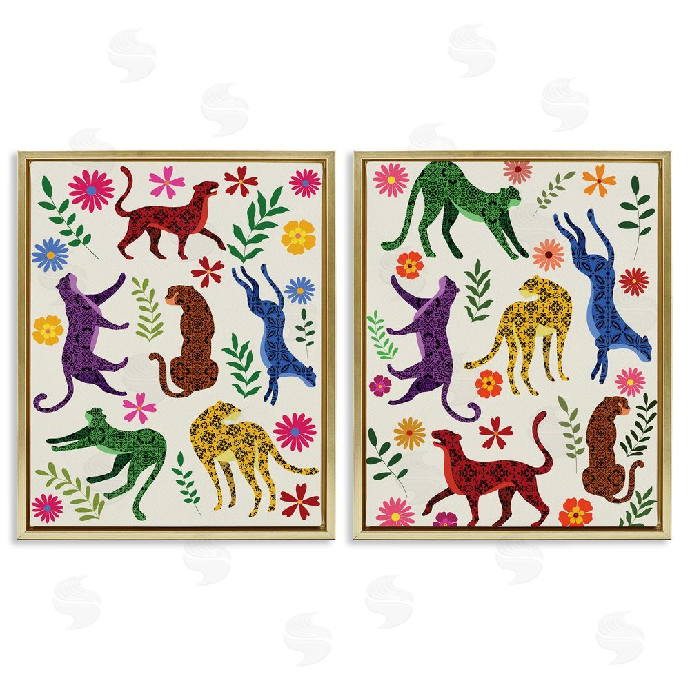 Regina Moore Patterned Floral Jungle Cats Gold Floating Frame Canvas Wall Art Print