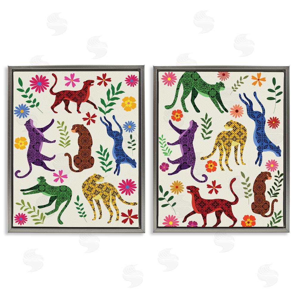 Regina Moore Patterned Floral Jungle Cats Gray Floating Frame Canvas Wall Art Print