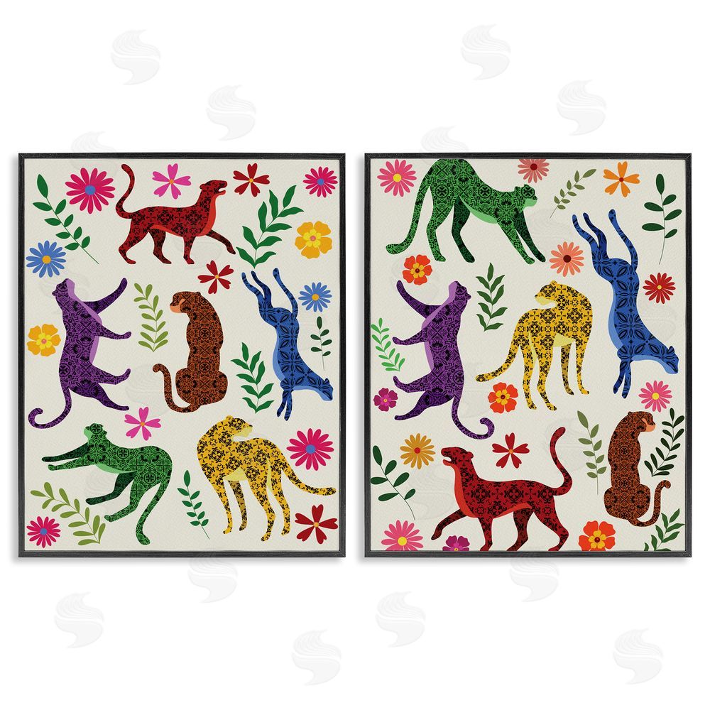 Regina Moore Patterned Floral Jungle Cats Black Framed Giclee Wall Art Print