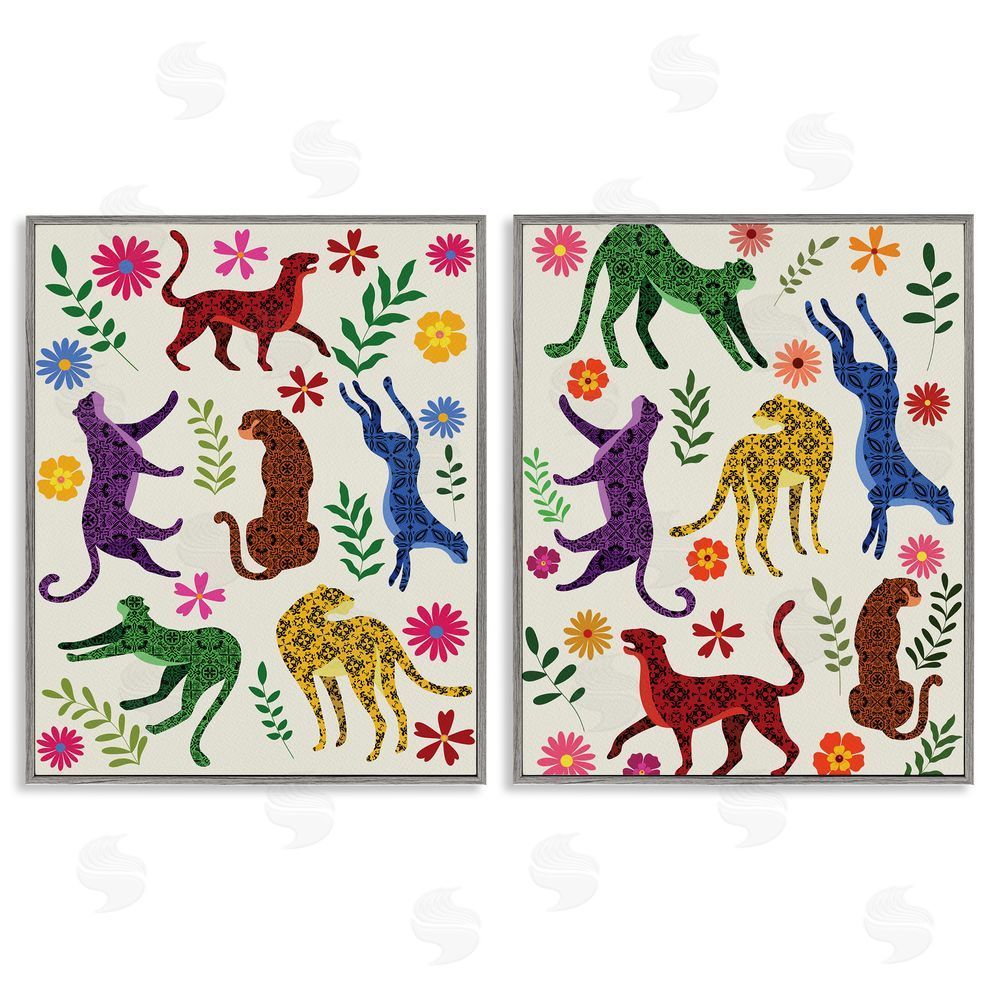 Regina Moore Patterned Floral Jungle Cats Gray Framed Giclee Wall Art Print
