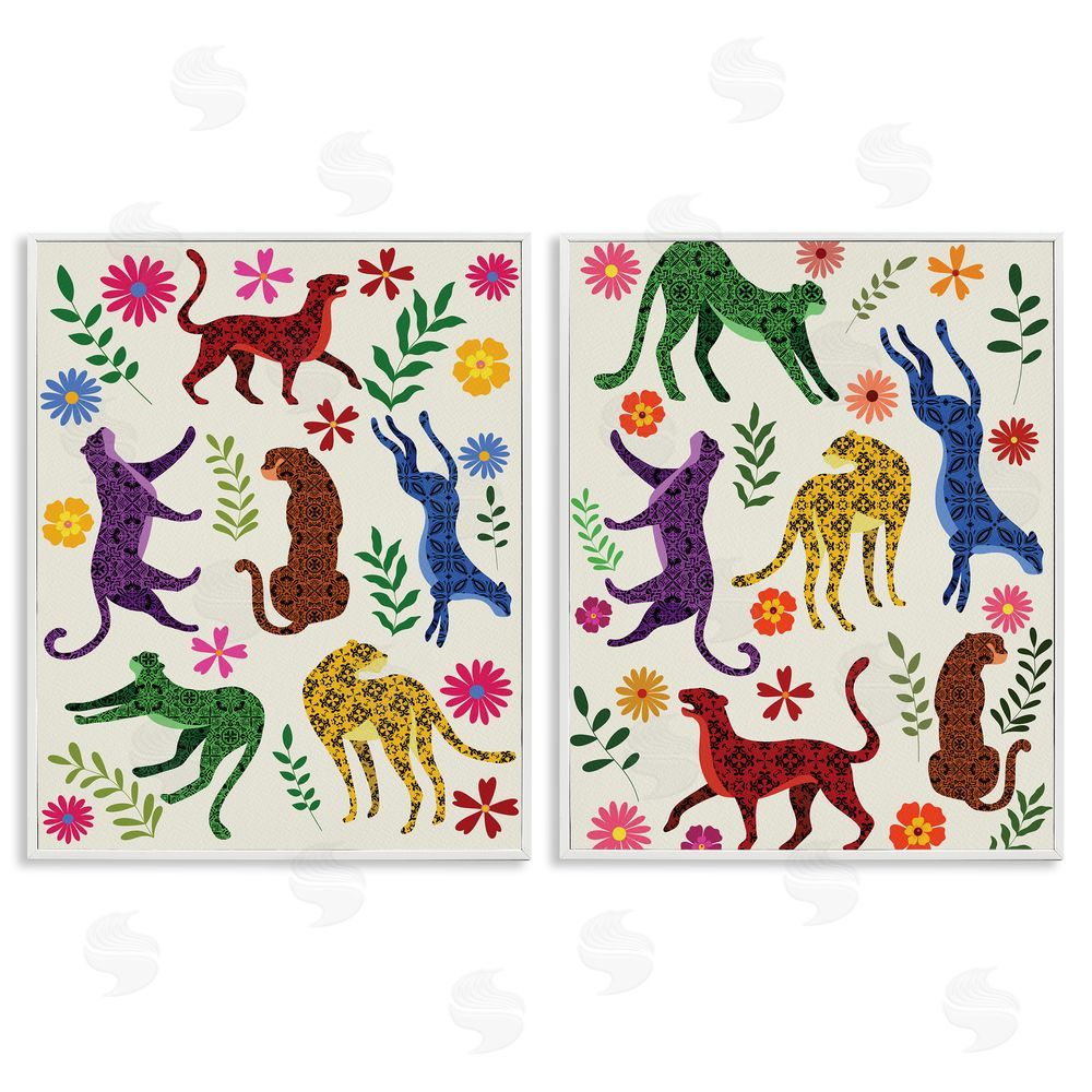 Regina Moore Patterned Floral Jungle Cats White Framed Giclee Wall Art Print