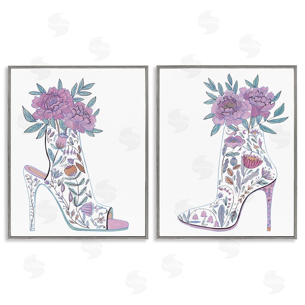 Melissa Wang Floral Stiletto Heel Boots Gray Framed Giclee Wall Art Print