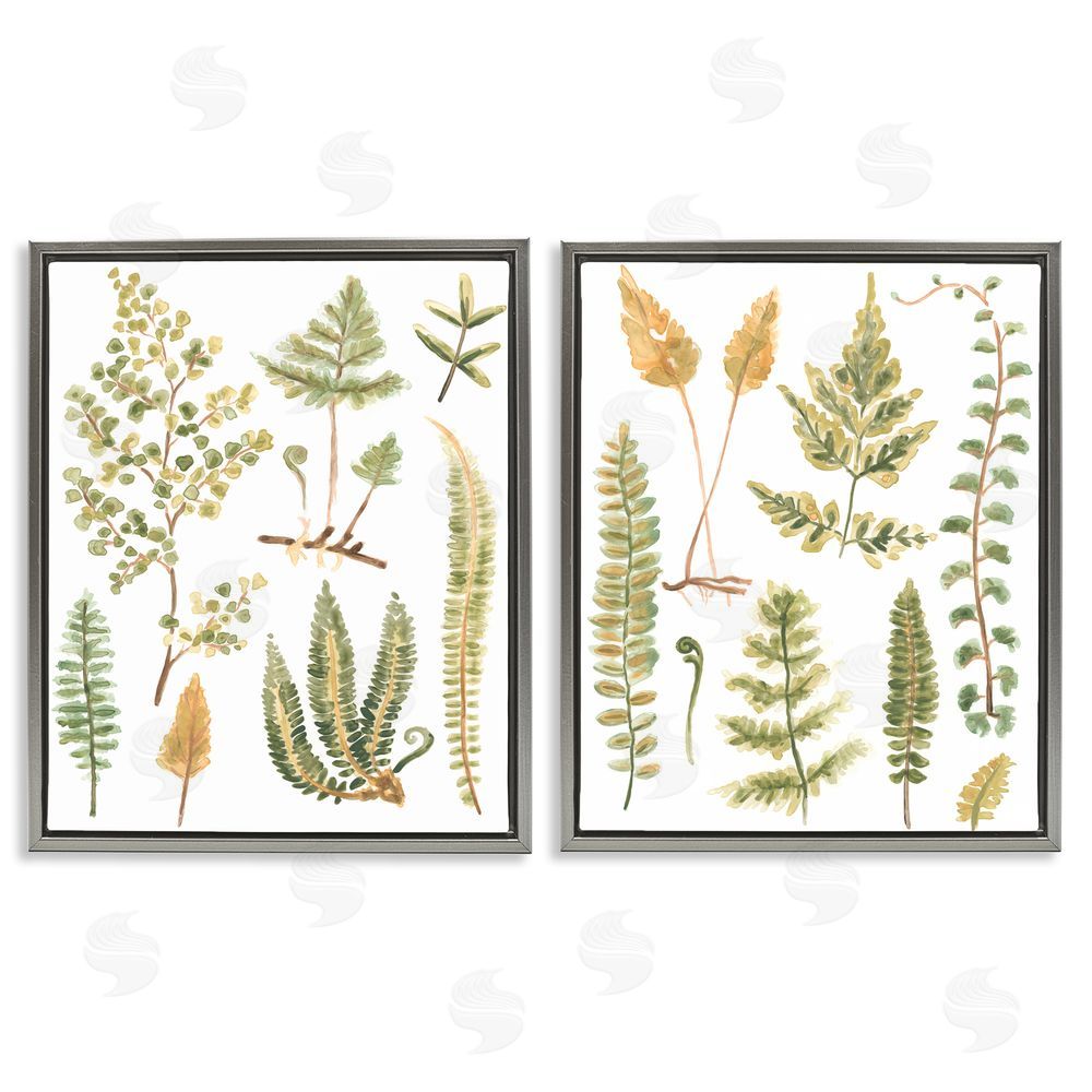June Erica Vess Watercolor Fern Leaves  Gray Floating Frame Canvas Wall Art Print