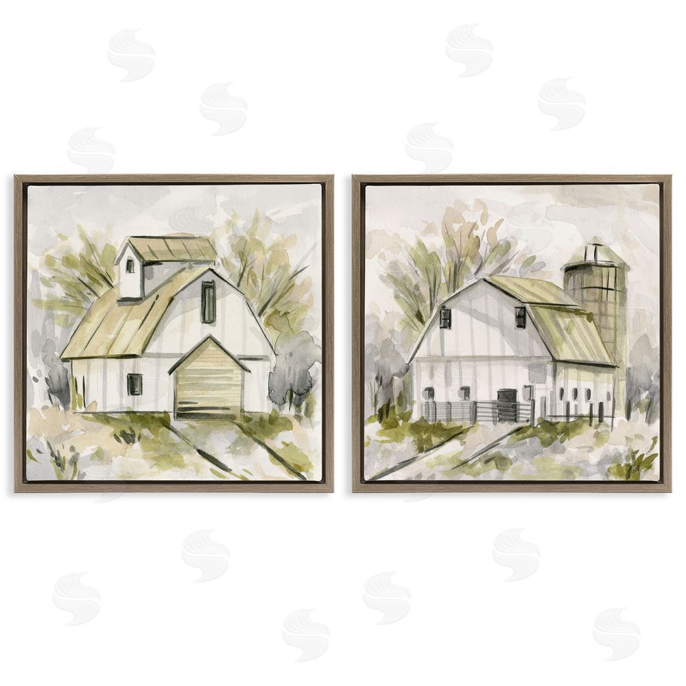 Melissa Wang Sketch Drawing Barn Silo Brown Floating Frame Canvas Wall Art Print
