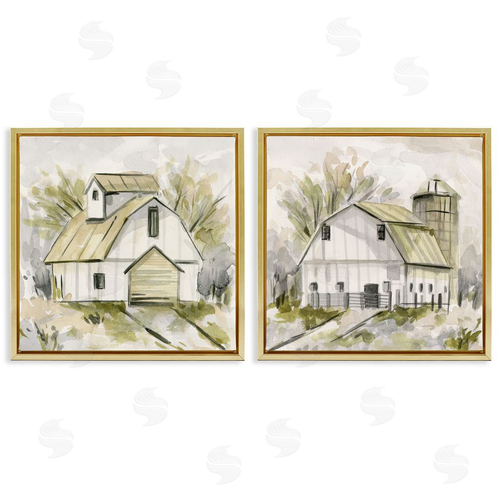 Melissa Wang Sketch Drawing Barn Silo Gold Floating Frame Canvas Wall Art Print