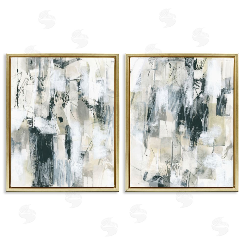 June Erica Vess Abstract Charcoal and Beige  Gold Floating Frame Canvas Wall Art Print