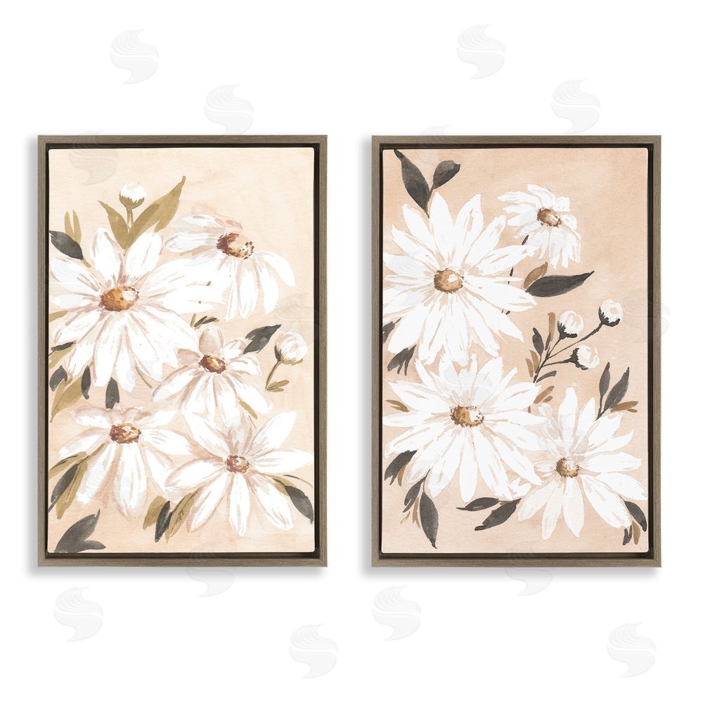 Amanda Cook White Daises on Peach  Brown Floating Frame Canvas Wall Art Print