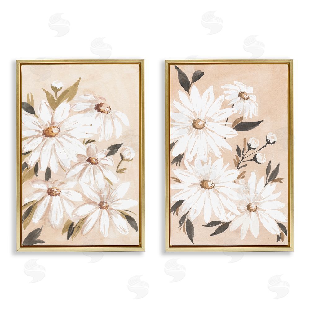 Amanda Cook White Daises on Peach  Gold Floating Frame Canvas Wall Art Print