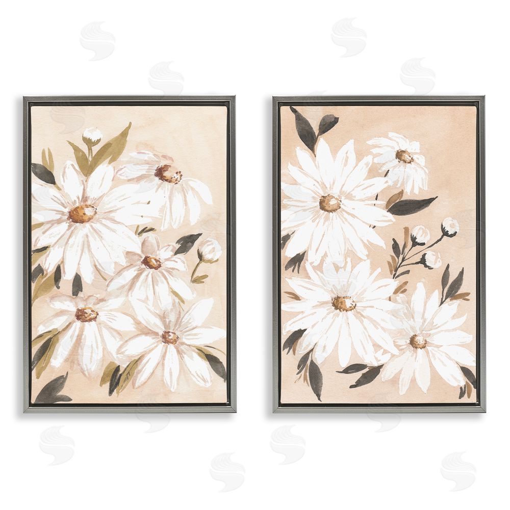 Amanda Cook White Daises on Peach  Gray Floating Frame Canvas Wall Art Print