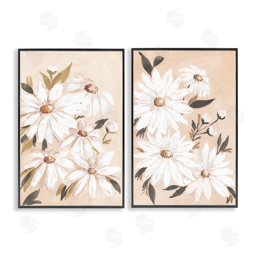 Amanda Cook White Daises on Peach  Black Framed Giclee Wall Art Print
