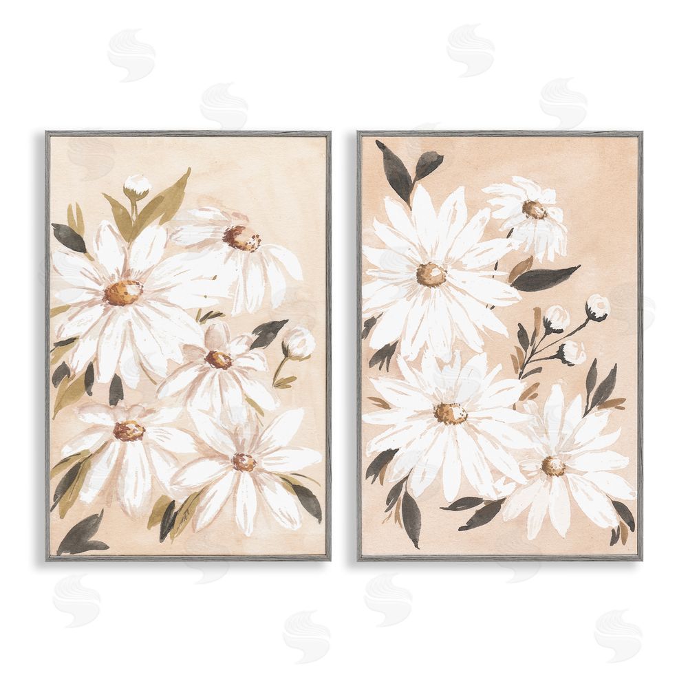 Amanda Cook White Daises on Peach  Gray Framed Giclee Wall Art Print