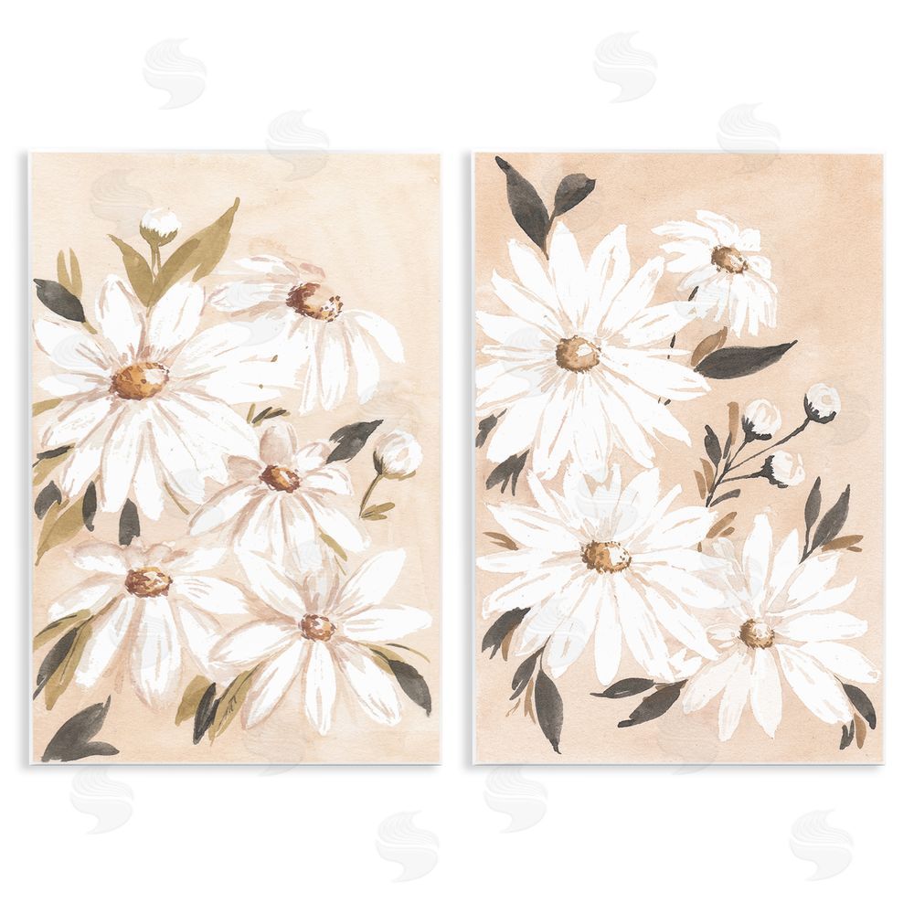 Amanda Cook White Daises on Peach  Wooden Wall Plaque Art Print