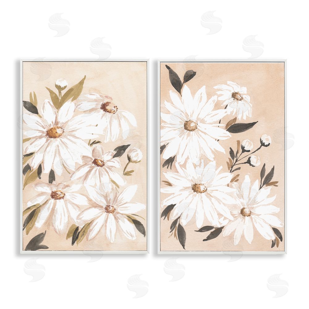 Amanda Cook White Daises on Peach  White Framed Giclee Wall Art Print