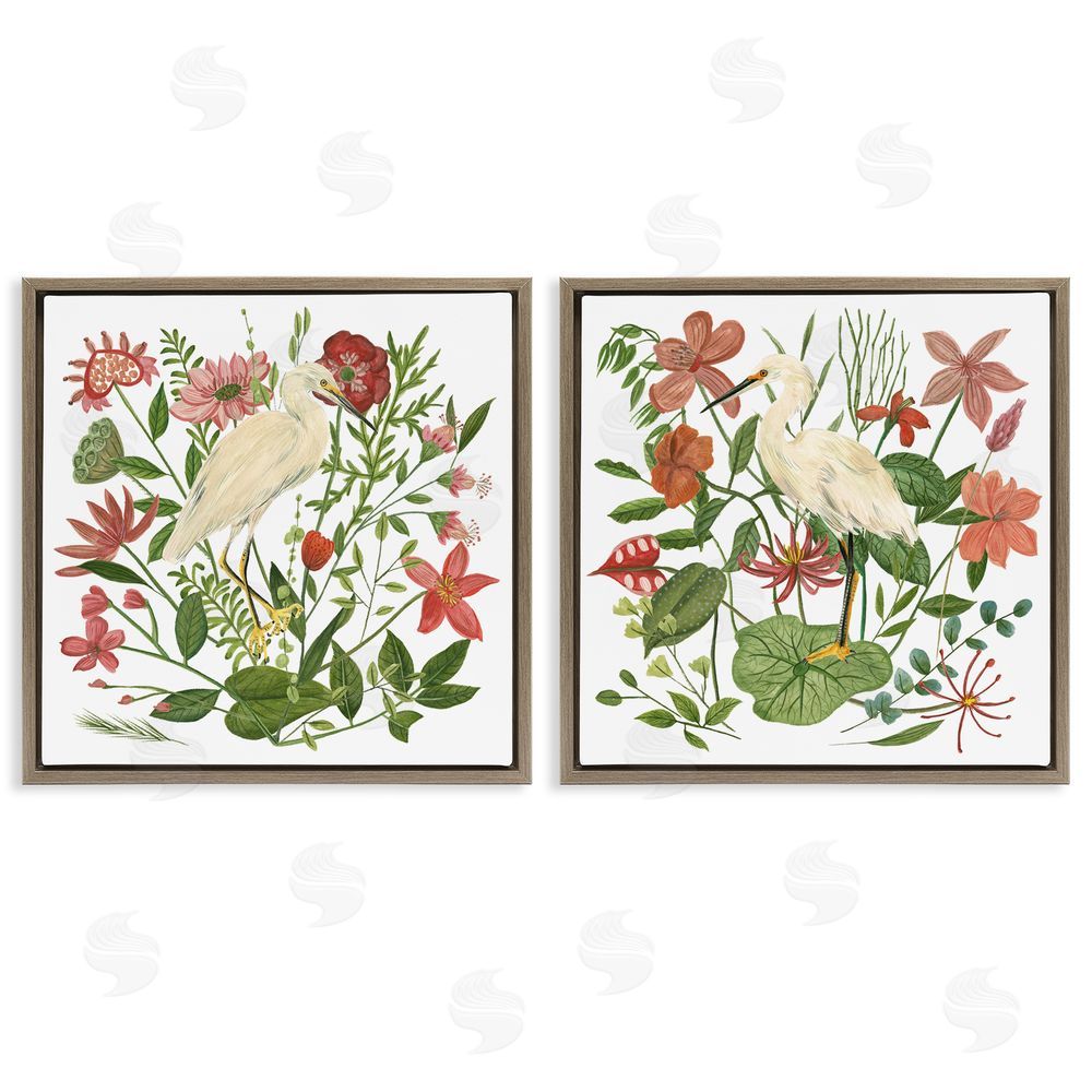 Melissa Wang Egrets Color Pop Flowers Brown Floating Frame Canvas Wall Art Print