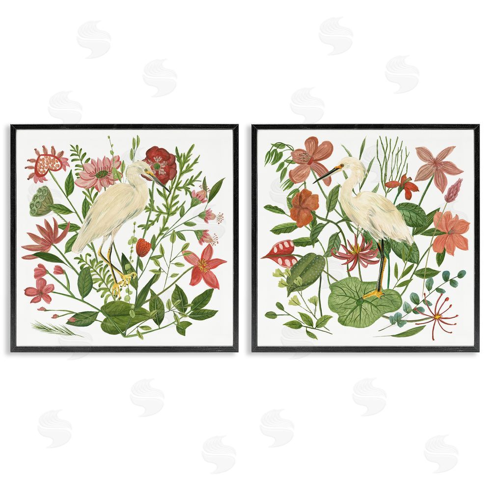Melissa Wang Egrets Color Pop Flowers Black Framed Giclee Wall Art Print