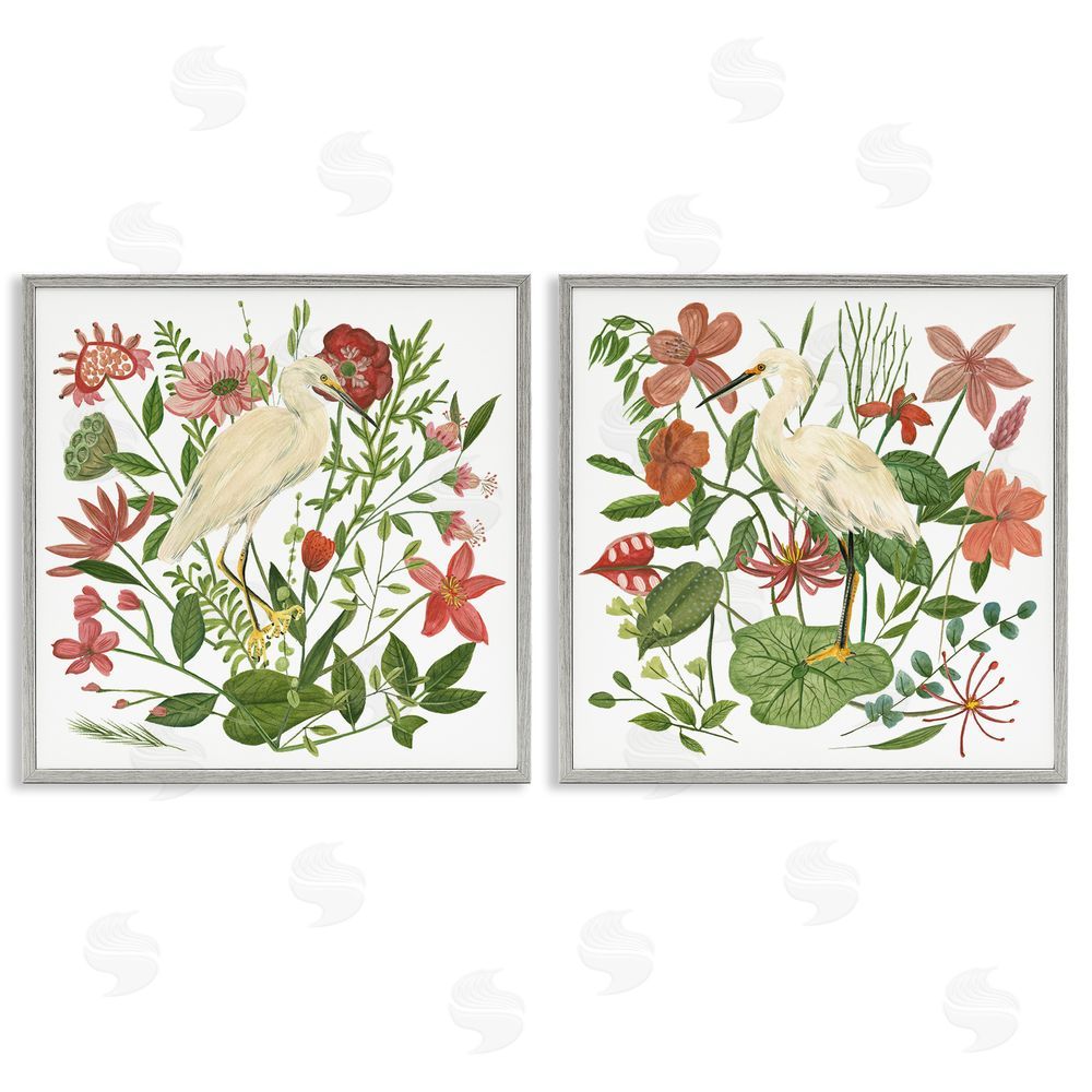 Melissa Wang Egrets Color Pop Flowers Gray Framed Giclee Wall Art Print