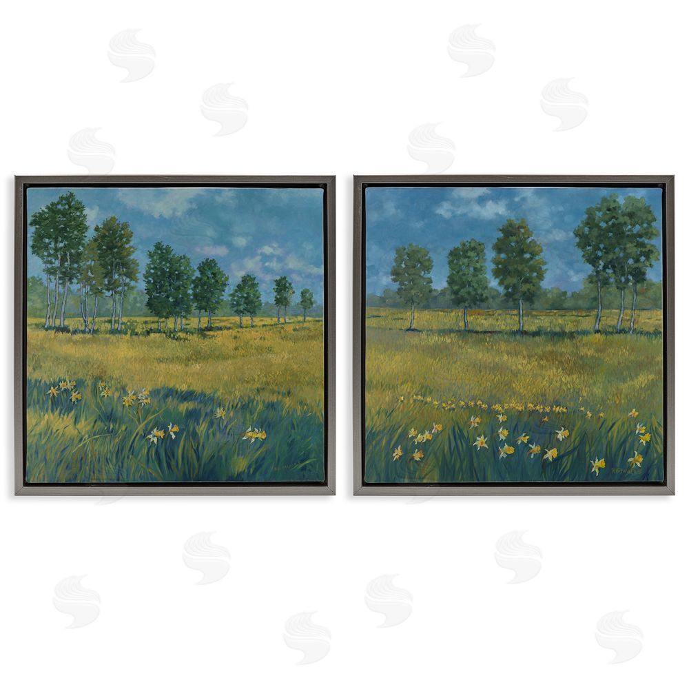Graham Reynolds Daffodil Tree Lined Field Gray Floating Frame Canvas Wall Art Print