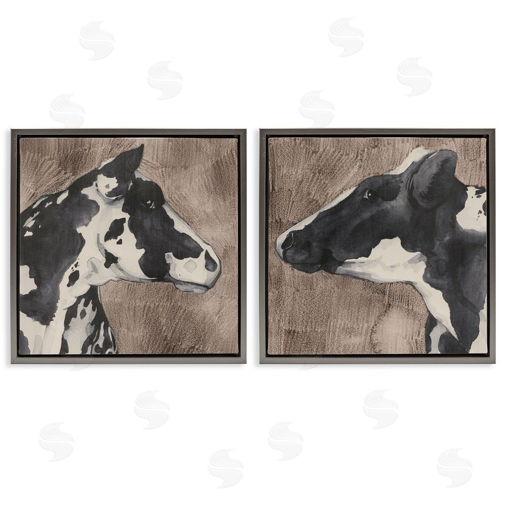Grace Popp Holstein Cow Portrait Profile  Gray Floating Frame Canvas Wall Art Print