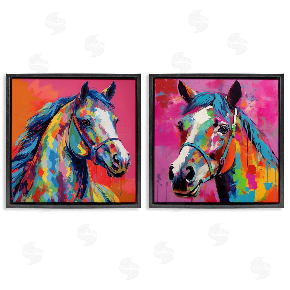 Irena Orlov Bright Neon Horse Portrait  Black Floating Frame Canvas Wall Art Print