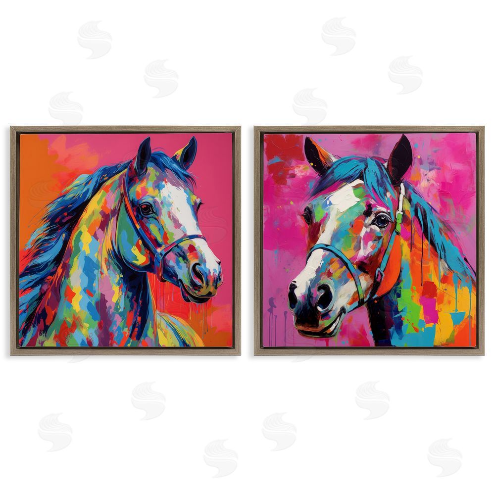 Irena Orlov Bright Neon Horse Portrait  Brown Floating Frame Canvas Wall Art Print