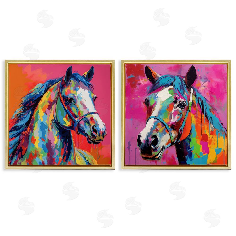 Irena Orlov Bright Neon Horse Portrait  Gold Floating Frame Canvas Wall Art Print