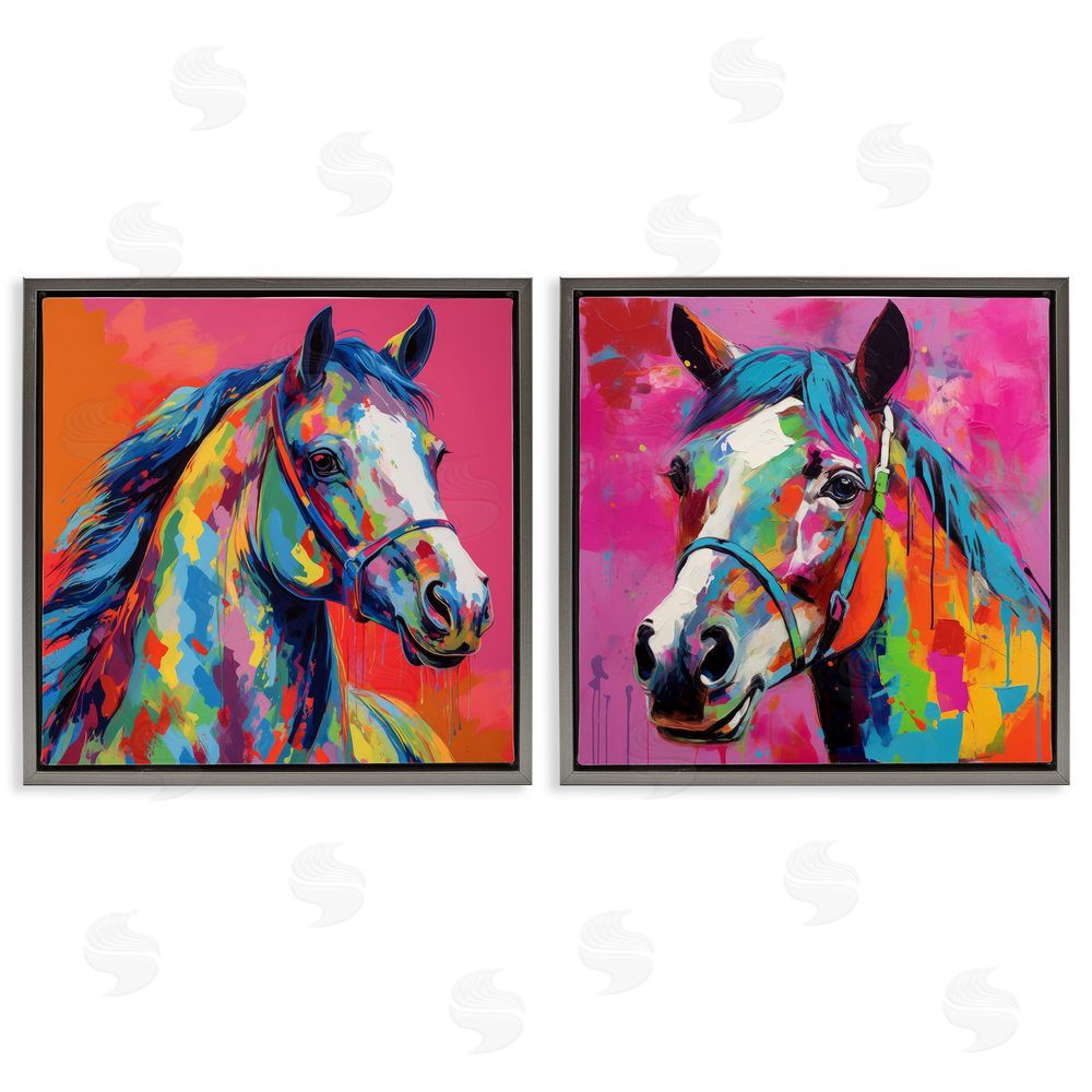 Irena Orlov Bright Neon Horse Portrait  Gray Floating Frame Canvas Wall Art Print