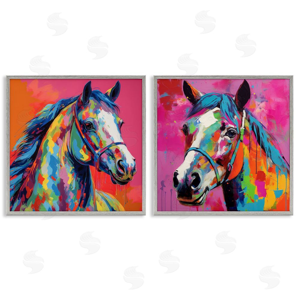 Irena Orlov Bright Neon Horse Portrait  Gray Framed Giclee Wall Art Print