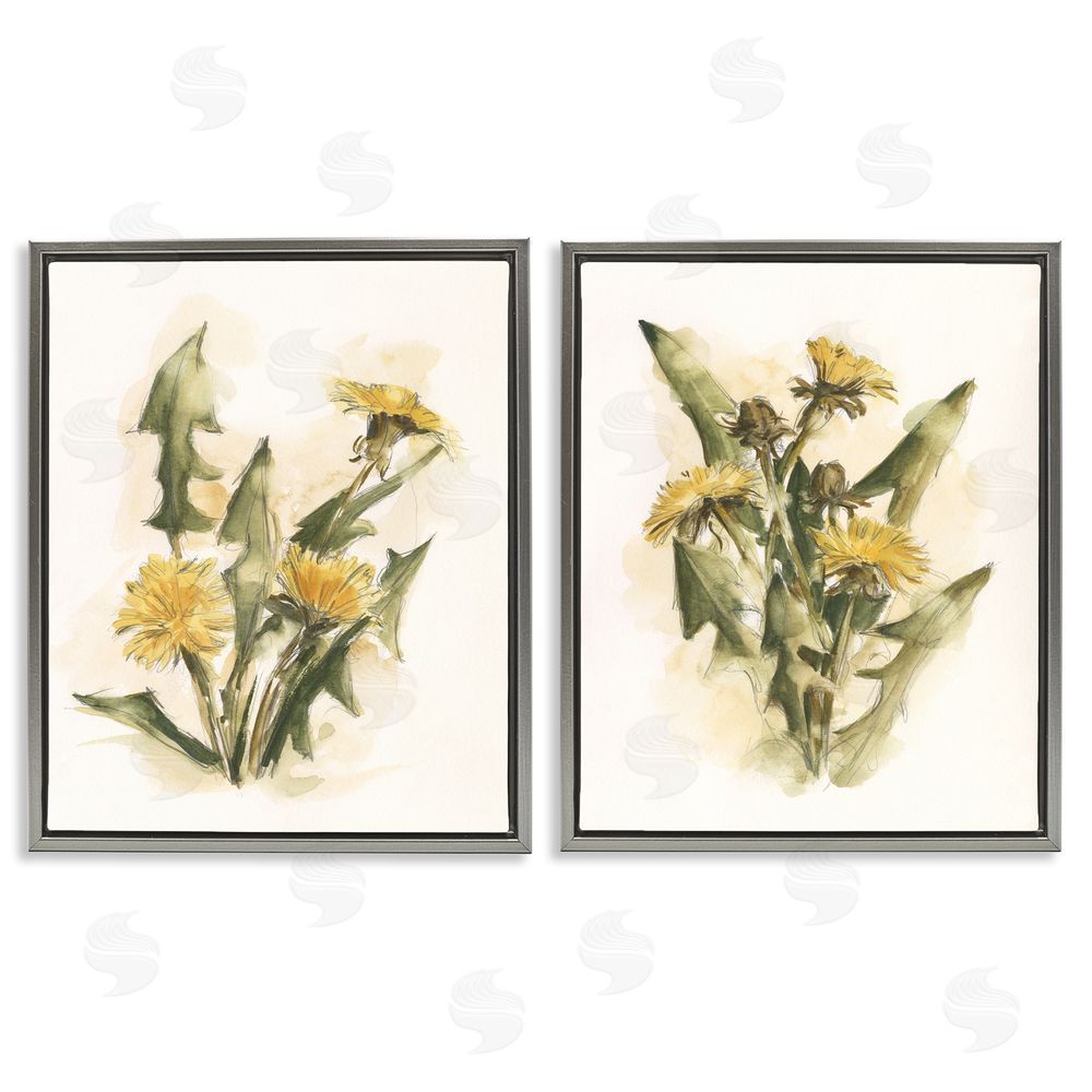 Ethan Harper Dandelion Watercolor Sketch  Gray Floating Frame Canvas Wall Art Print