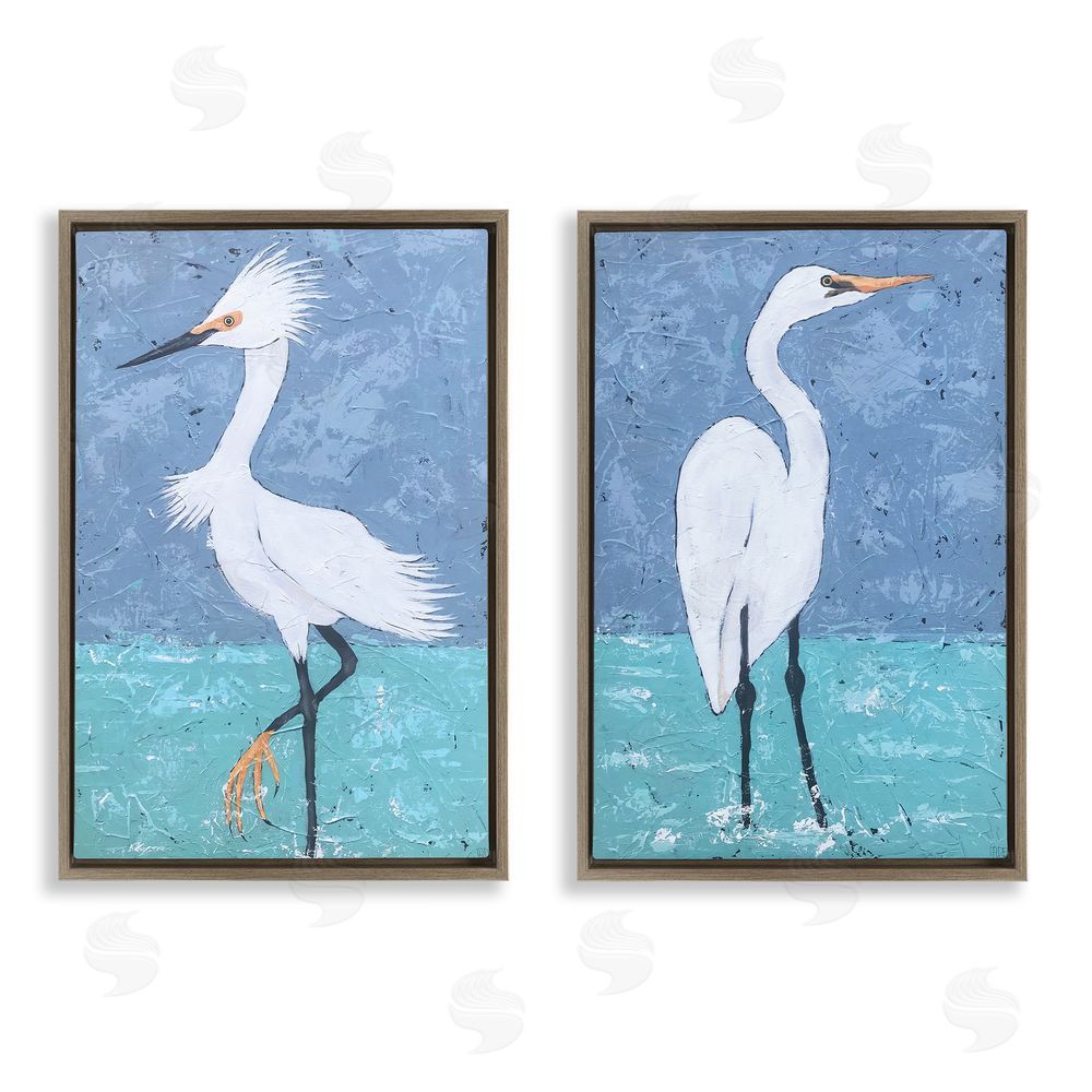 Jade Reynolds Snowy Egret Pond Brown Floating Frame Canvas Wall Art Print