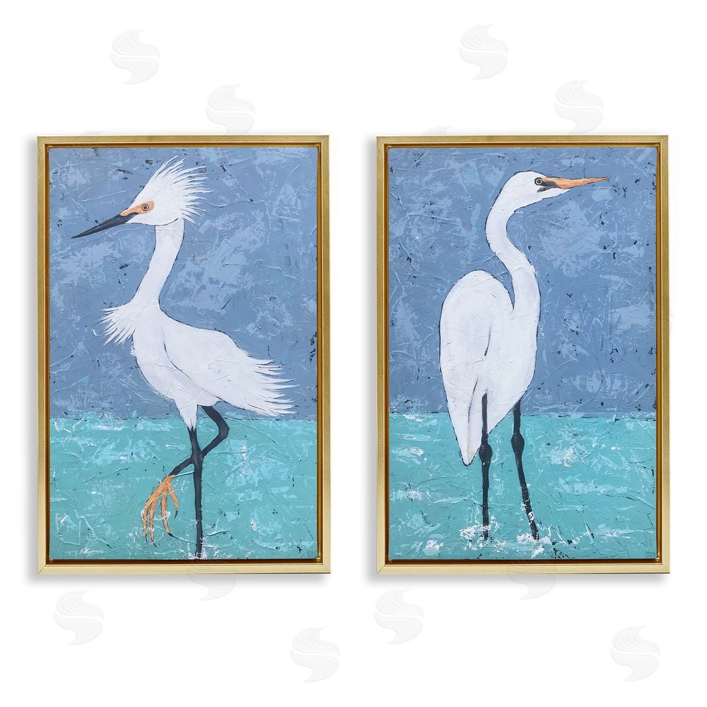 Jade Reynolds Snowy Egret Pond Gold Floating Frame Canvas Wall Art Print