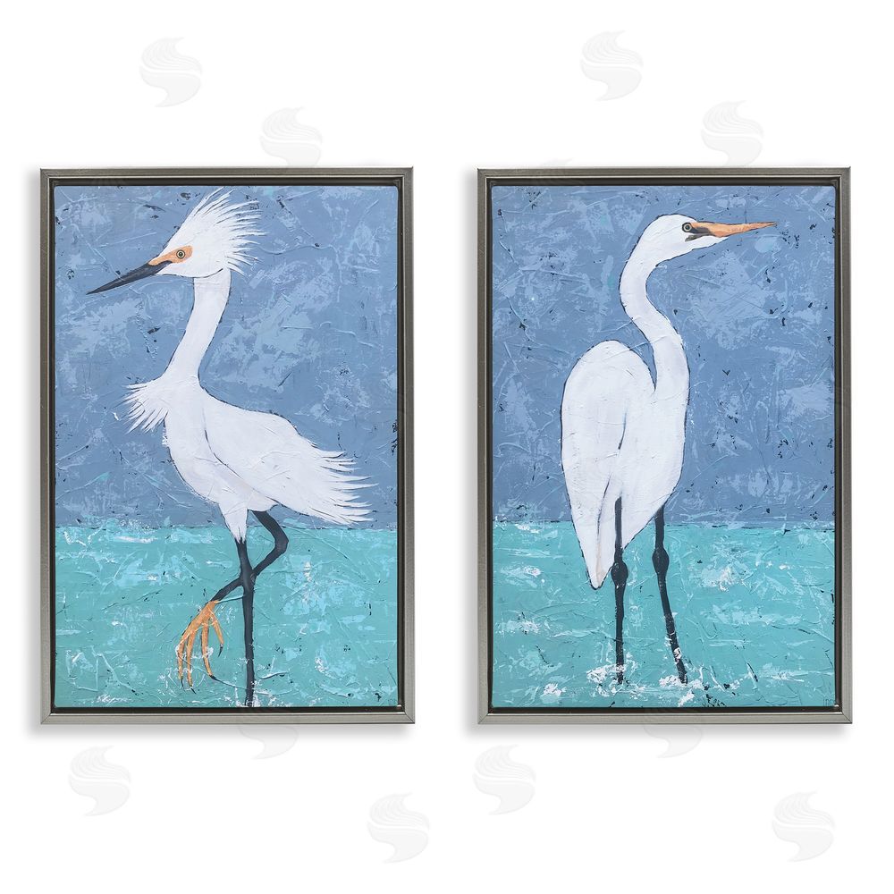 Jade Reynolds Snowy Egret Pond Gray Floating Frame Canvas Wall Art Print