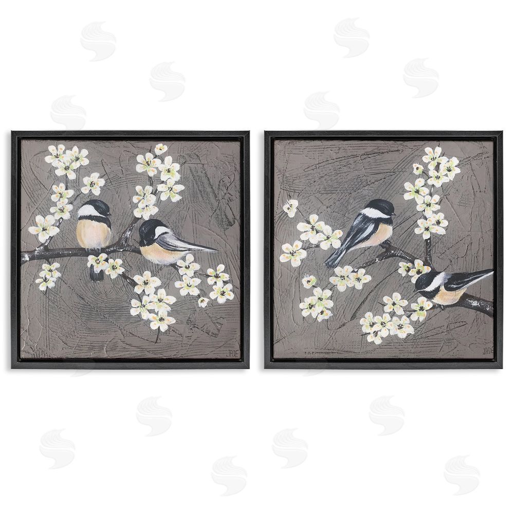 Jade Reynolds Chickadee Birds Flowering Branch Black Floating Frame Canvas Wall Art Print